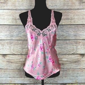 Silkscreen Baby Pink Floral 100% Silk Vintage Lace V Neck Camisole Size M